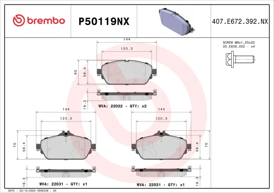 Bremsbelagsatz, Scheibenbremse Vorderachse BREMBO P50119NX Bild Bremsbelagsatz, Scheibenbremse Vorderachse BREMBO P50119NX