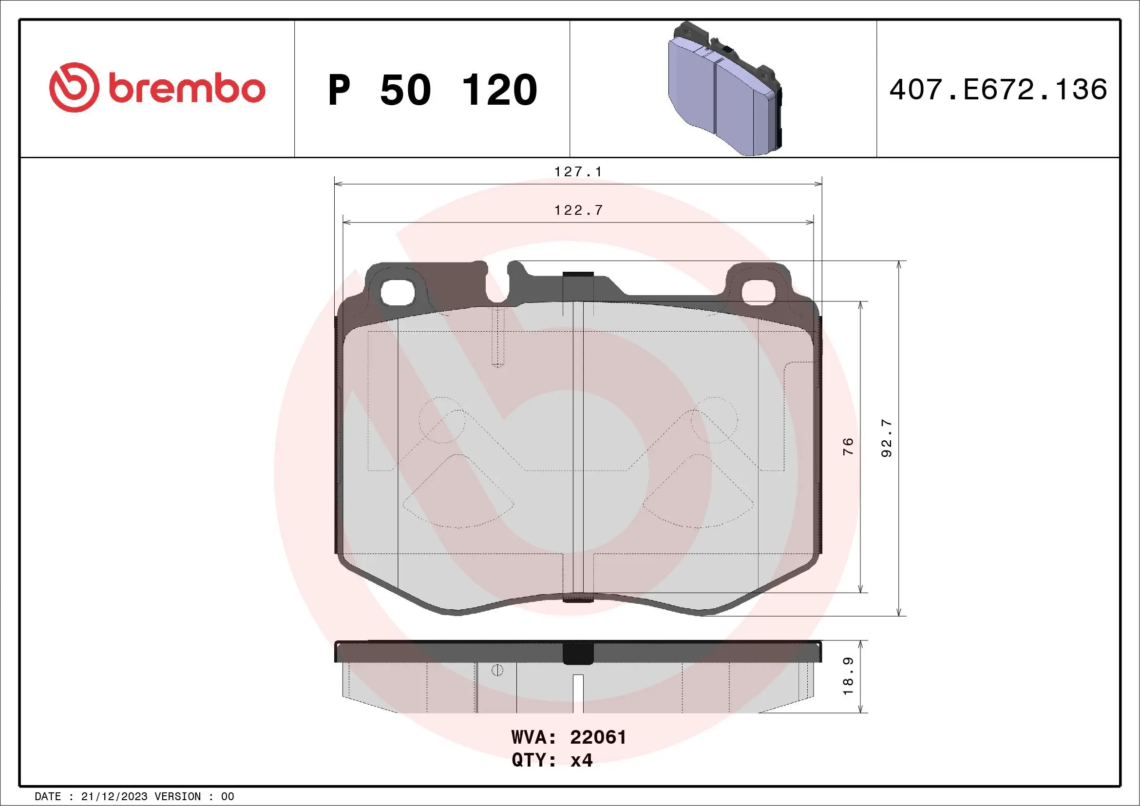 Bremsbelagsatz, Scheibenbremse Vorderachse BREMBO P 50 120