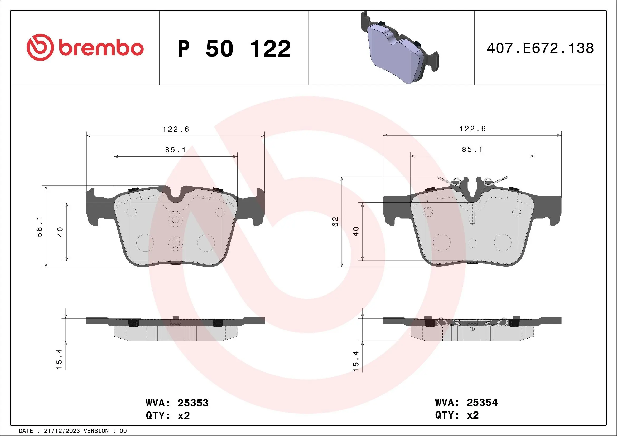 Bremsbelagsatz, Scheibenbremse Hinterachse BREMBO P 50 122