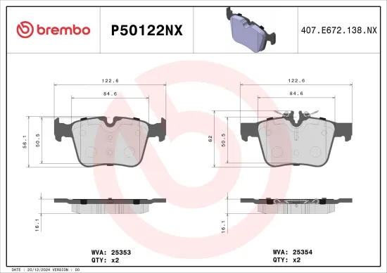 Bremsbelagsatz, Scheibenbremse Hinterachse BREMBO P50122NX Bild Bremsbelagsatz, Scheibenbremse Hinterachse BREMBO P50122NX