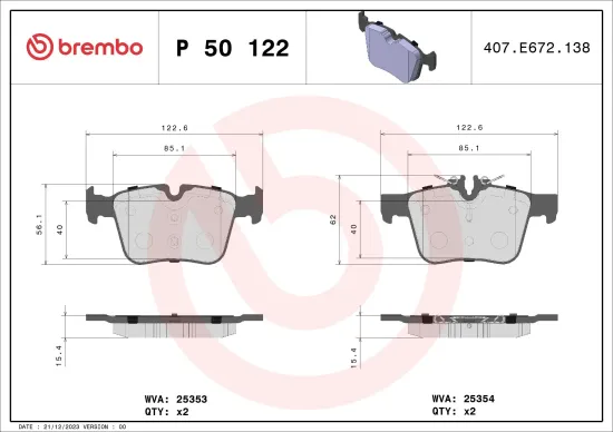 Bremsbelagsatz, Scheibenbremse Hinterachse BREMBO P 50 122 Bild Bremsbelagsatz, Scheibenbremse Hinterachse BREMBO P 50 122