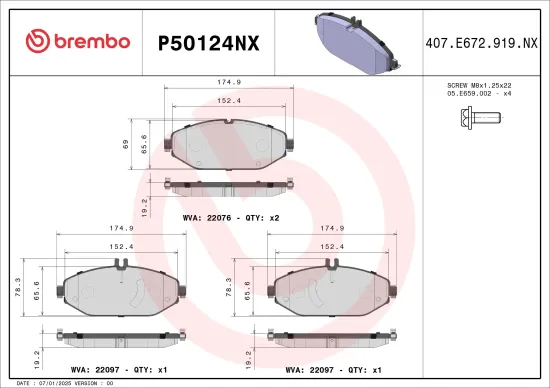Bremsbelagsatz, Scheibenbremse Vorderachse BREMBO P50124NX Bild Bremsbelagsatz, Scheibenbremse Vorderachse BREMBO P50124NX