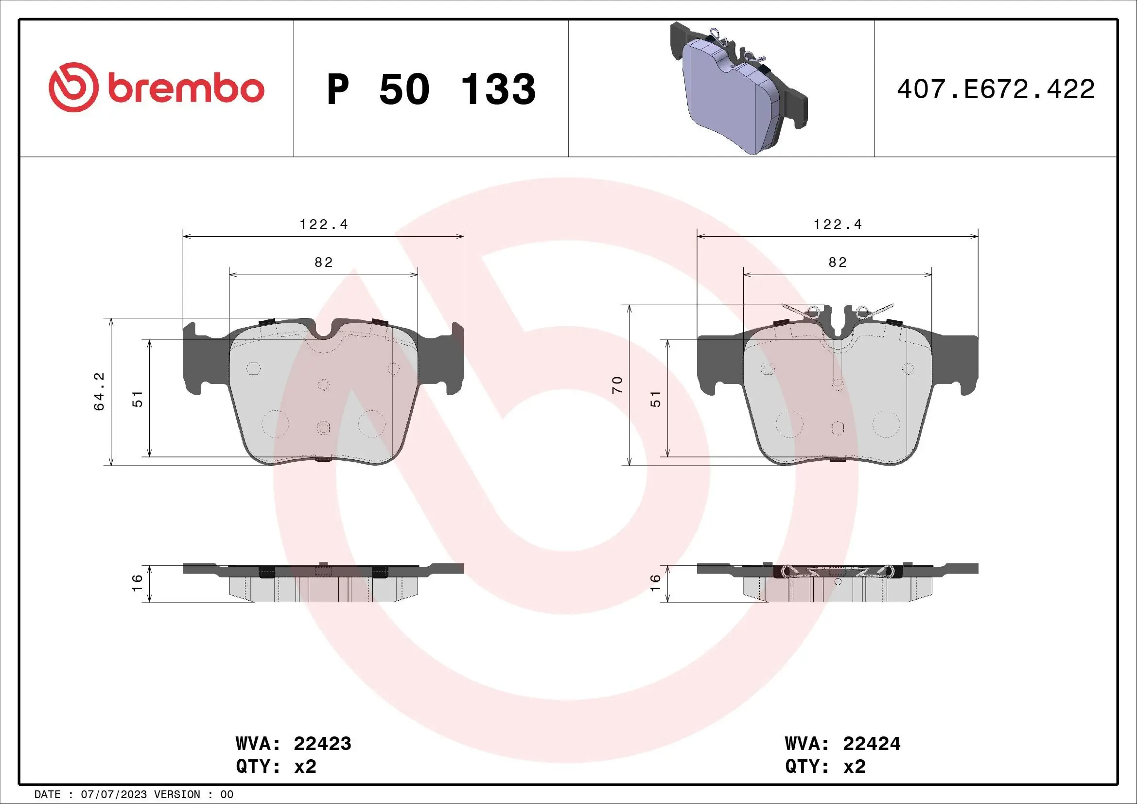 Bremsbelagsatz, Scheibenbremse Hinterachse BREMBO P 50 133