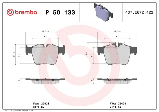 Bremsbelagsatz, Scheibenbremse Hinterachse BREMBO P 50 133 Bild Bremsbelagsatz, Scheibenbremse Hinterachse BREMBO P 50 133