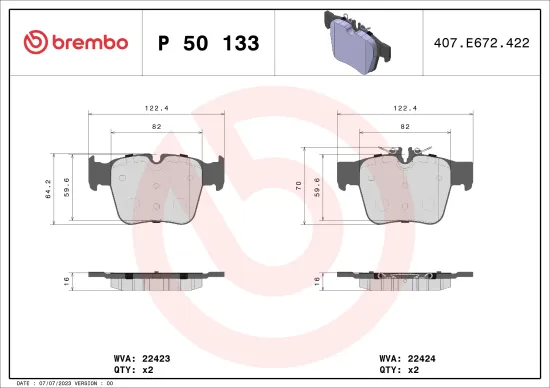 Bremsbelagsatz, Scheibenbremse Hinterachse BREMBO P 50 133 Bild Bremsbelagsatz, Scheibenbremse Hinterachse BREMBO P 50 133
