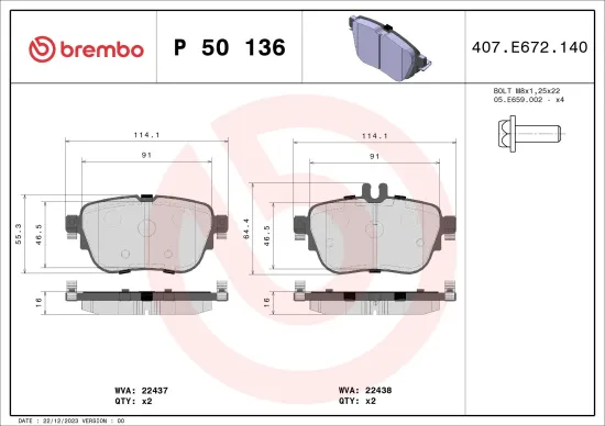 Bremsbelagsatz, Scheibenbremse Hinterachse BREMBO P 50 136 Bild Bremsbelagsatz, Scheibenbremse Hinterachse BREMBO P 50 136