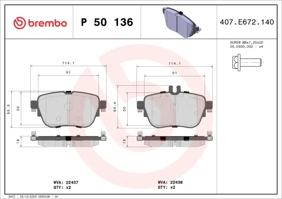 Bremsbelagsatz, Scheibenbremse Hinterachse BREMBO P 50 136 Bild Bremsbelagsatz, Scheibenbremse Hinterachse BREMBO P 50 136