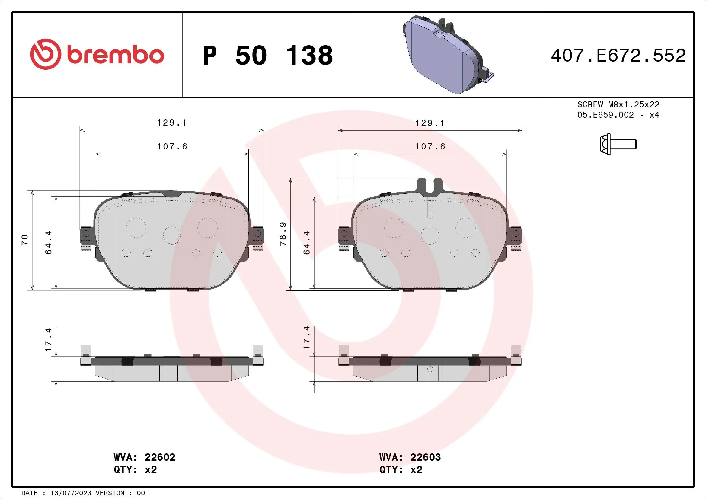 Bremsbelagsatz, Scheibenbremse Hinterachse BREMBO P 50 138