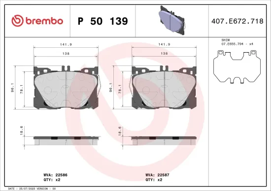 Bremsbelagsatz, Scheibenbremse Vorderachse BREMBO P 50 139 Bild Bremsbelagsatz, Scheibenbremse Vorderachse BREMBO P 50 139