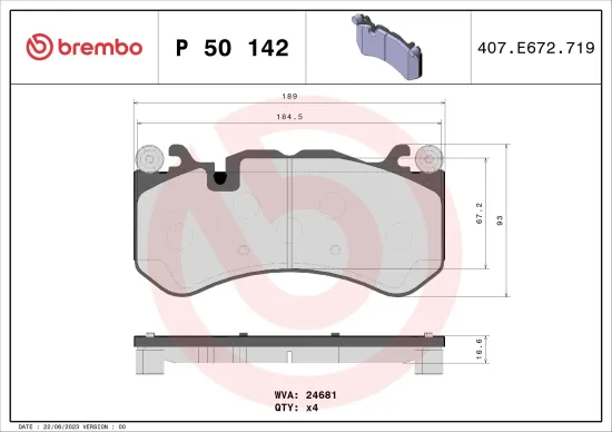 Bremsbelagsatz, Scheibenbremse Vorderachse BREMBO P 50 142 Bild Bremsbelagsatz, Scheibenbremse Vorderachse BREMBO P 50 142