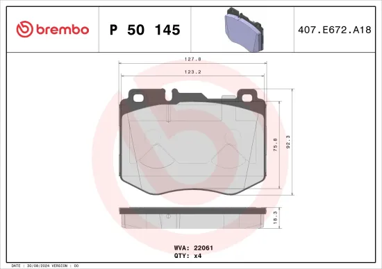 Bremsbelagsatz, Scheibenbremse Vorderachse BREMBO P 50 145 Bild Bremsbelagsatz, Scheibenbremse Vorderachse BREMBO P 50 145