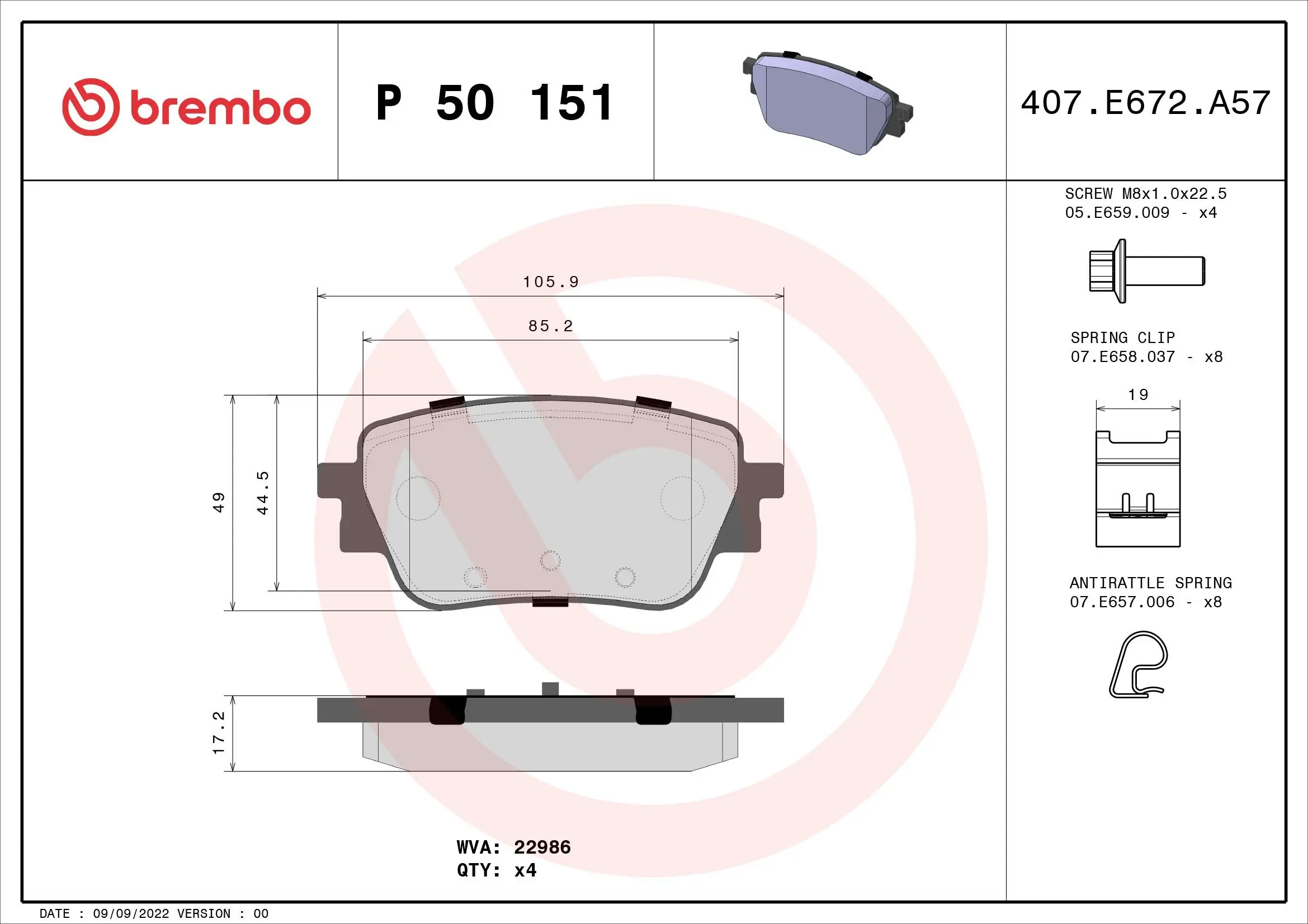 Bremsbelagsatz, Scheibenbremse BREMBO P 50 151