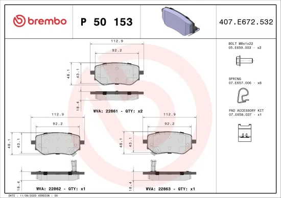 Bremsbelagsatz, Scheibenbremse Hinterachse BREMBO P 50 153 Bild Bremsbelagsatz, Scheibenbremse Hinterachse BREMBO P 50 153