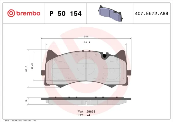 Bremsbelagsatz, Scheibenbremse Vorderachse BREMBO P 50 154 Bild Bremsbelagsatz, Scheibenbremse Vorderachse BREMBO P 50 154
