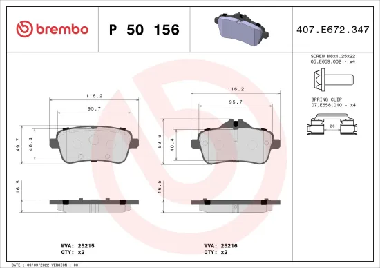 Bremsbelagsatz, Scheibenbremse Hinterachse BREMBO P 50 156 Bild Bremsbelagsatz, Scheibenbremse Hinterachse BREMBO P 50 156