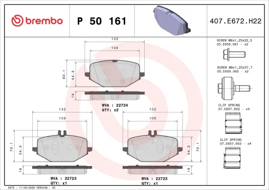 Bremsbelagsatz, Scheibenbremse Hinterachse BREMBO P 50 161 Bild Bremsbelagsatz, Scheibenbremse Hinterachse BREMBO P 50 161