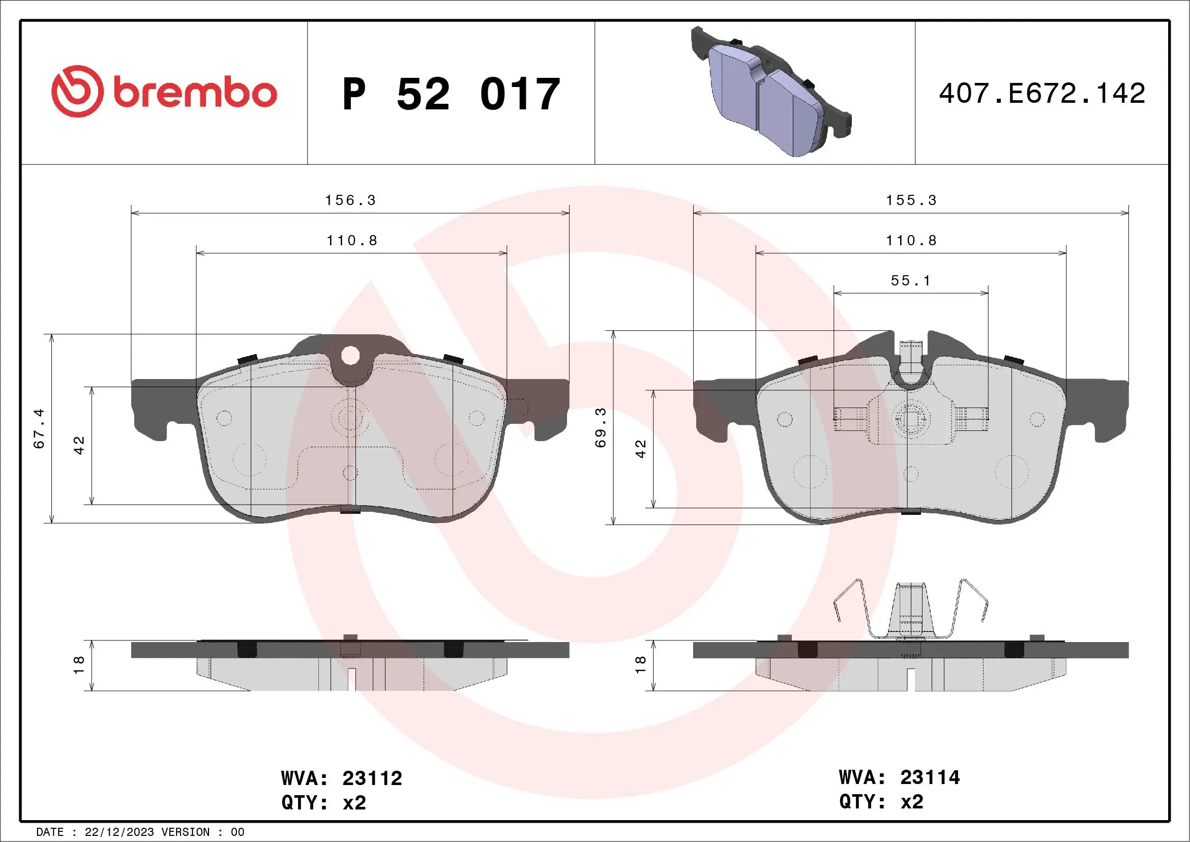 Bremsbelagsatz, Scheibenbremse Vorderachse BREMBO P 52 017