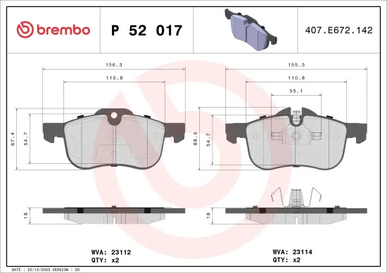 Bremsbelagsatz, Scheibenbremse Vorderachse BREMBO P 52 017 Bild Bremsbelagsatz, Scheibenbremse Vorderachse BREMBO P 52 017
