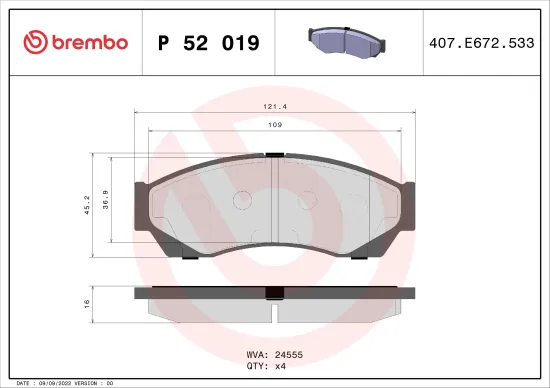 Bremsbelagsatz, Scheibenbremse Vorderachse BREMBO P 52 019 Bild Bremsbelagsatz, Scheibenbremse Vorderachse BREMBO P 52 019