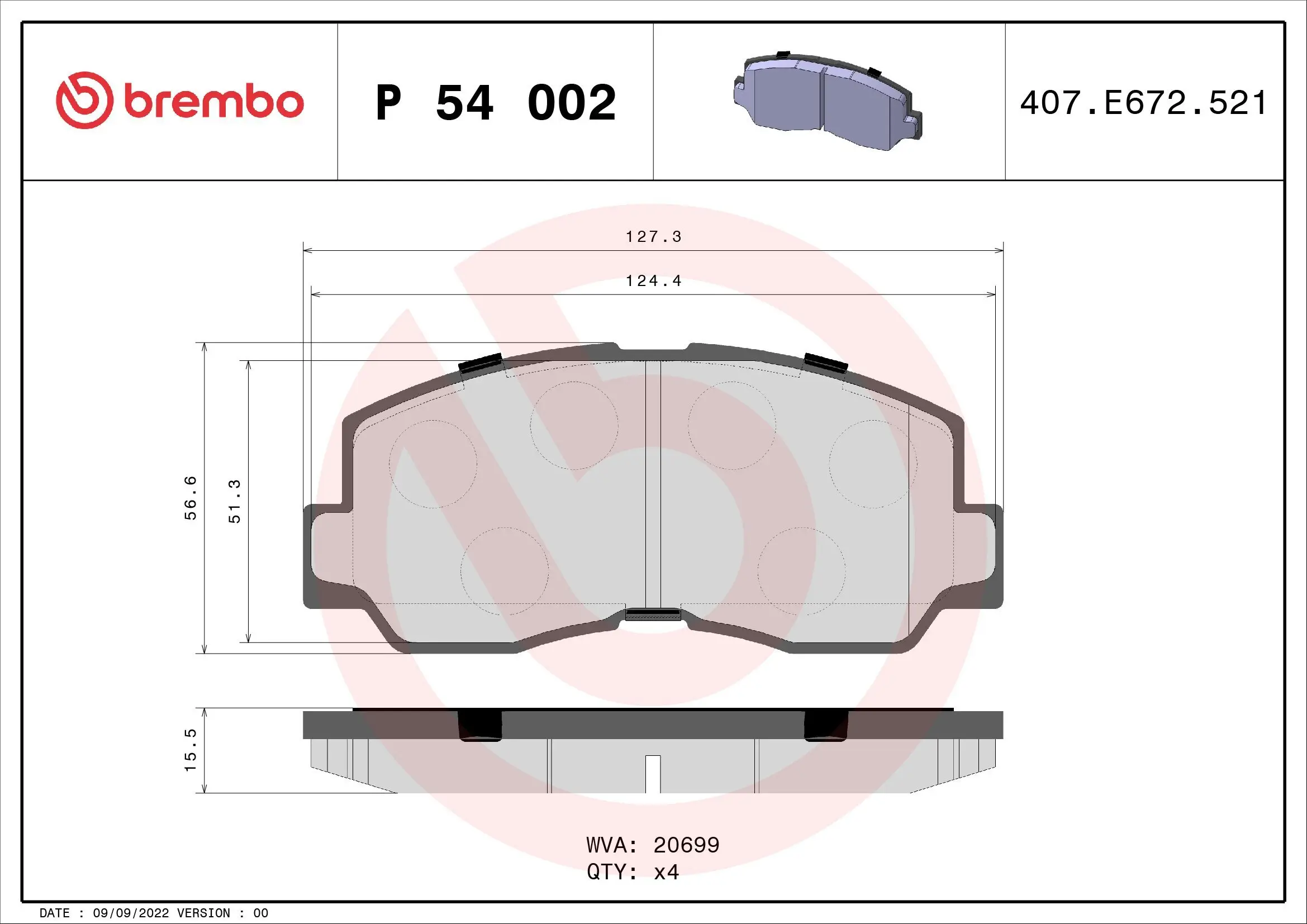 Bremsbelagsatz, Scheibenbremse Vorderachse BREMBO P 54 002