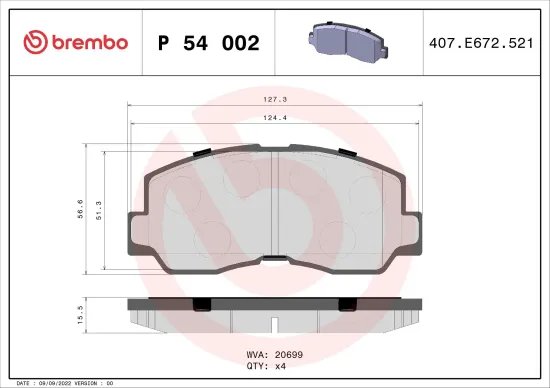 Bremsbelagsatz, Scheibenbremse Vorderachse BREMBO P 54 002 Bild Bremsbelagsatz, Scheibenbremse Vorderachse BREMBO P 54 002