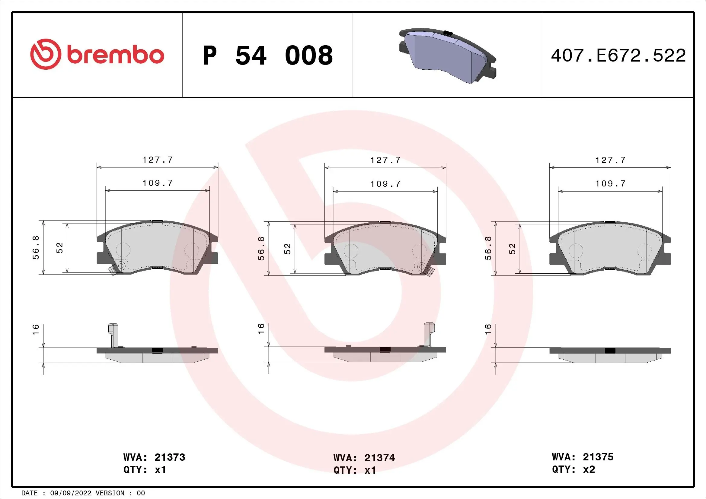 Bremsbelagsatz, Scheibenbremse Vorderachse BREMBO P 54 008