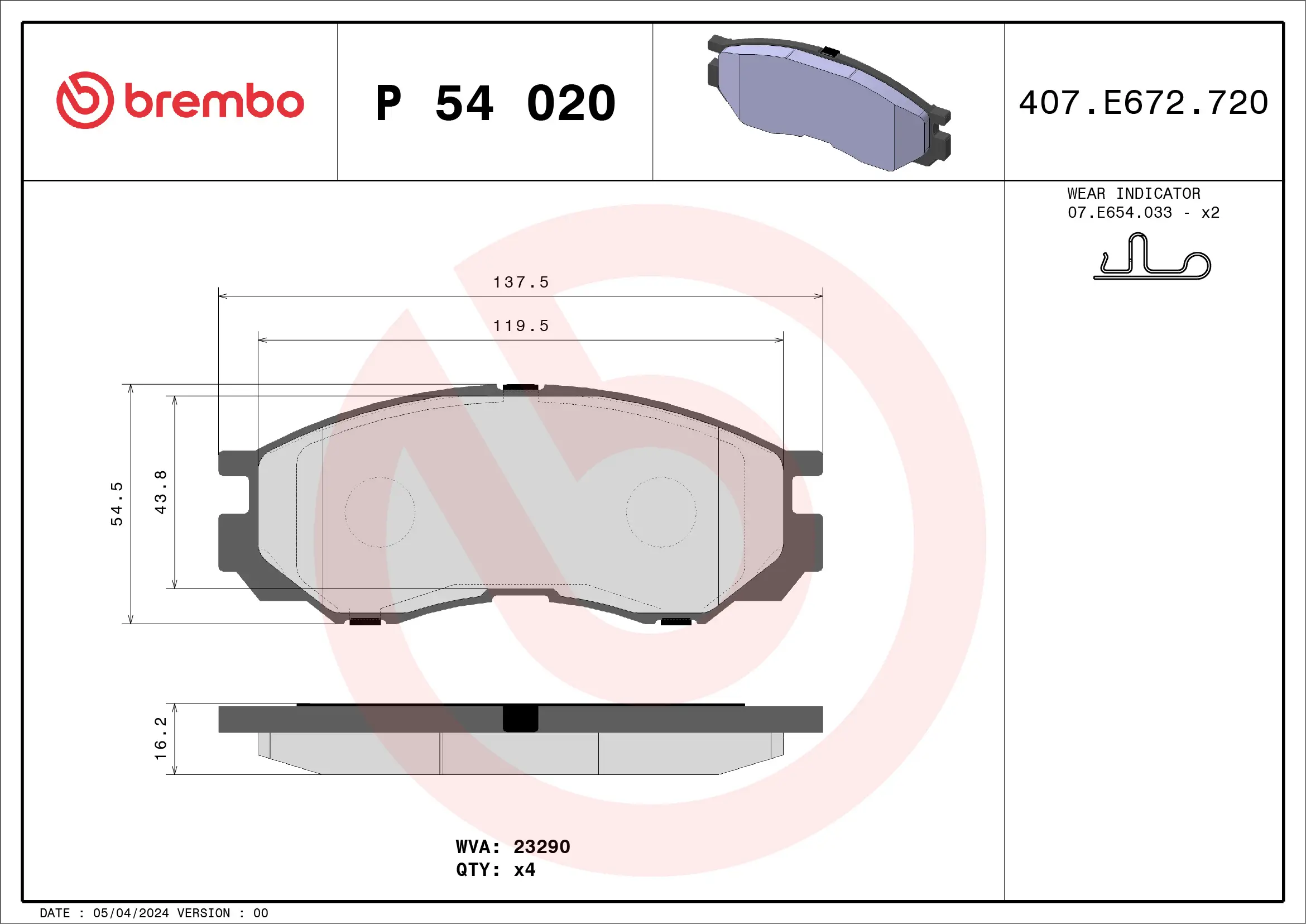 Bremsbelagsatz, Scheibenbremse Vorderachse BREMBO P 54 020