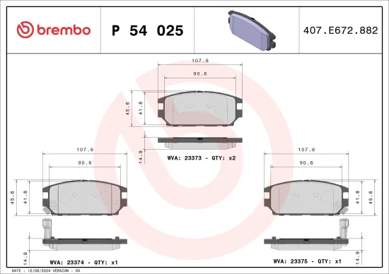 Bremsbelagsatz, Scheibenbremse Hinterachse BREMBO P 54 025 Bild Bremsbelagsatz, Scheibenbremse Hinterachse BREMBO P 54 025