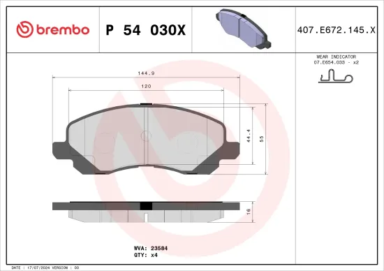 Bremsbelagsatz, Scheibenbremse BREMBO P 54 030X Bild Bremsbelagsatz, Scheibenbremse BREMBO P 54 030X