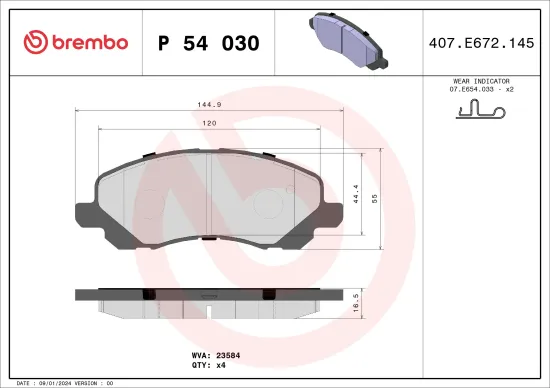 Bremsbelagsatz, Scheibenbremse BREMBO P 54 030 Bild Bremsbelagsatz, Scheibenbremse BREMBO P 54 030