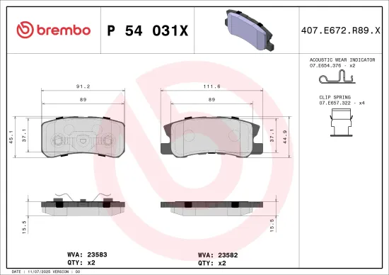 Bremsbelagsatz, Scheibenbremse Hinterachse BREMBO P 54 031X Bild Bremsbelagsatz, Scheibenbremse Hinterachse BREMBO P 54 031X