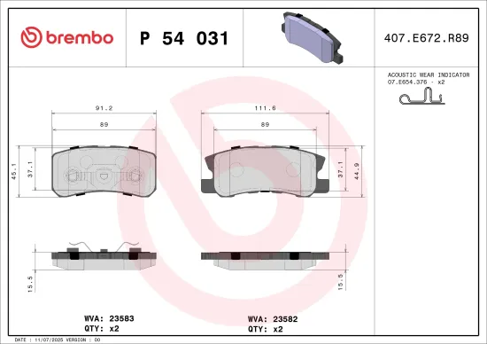 Bremsbelagsatz, Scheibenbremse Hinterachse BREMBO P 54 031 Bild Bremsbelagsatz, Scheibenbremse Hinterachse BREMBO P 54 031