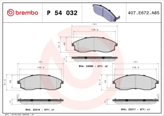 Bremsbelagsatz, Scheibenbremse Vorderachse BREMBO P 54 032 Bild Bremsbelagsatz, Scheibenbremse Vorderachse BREMBO P 54 032