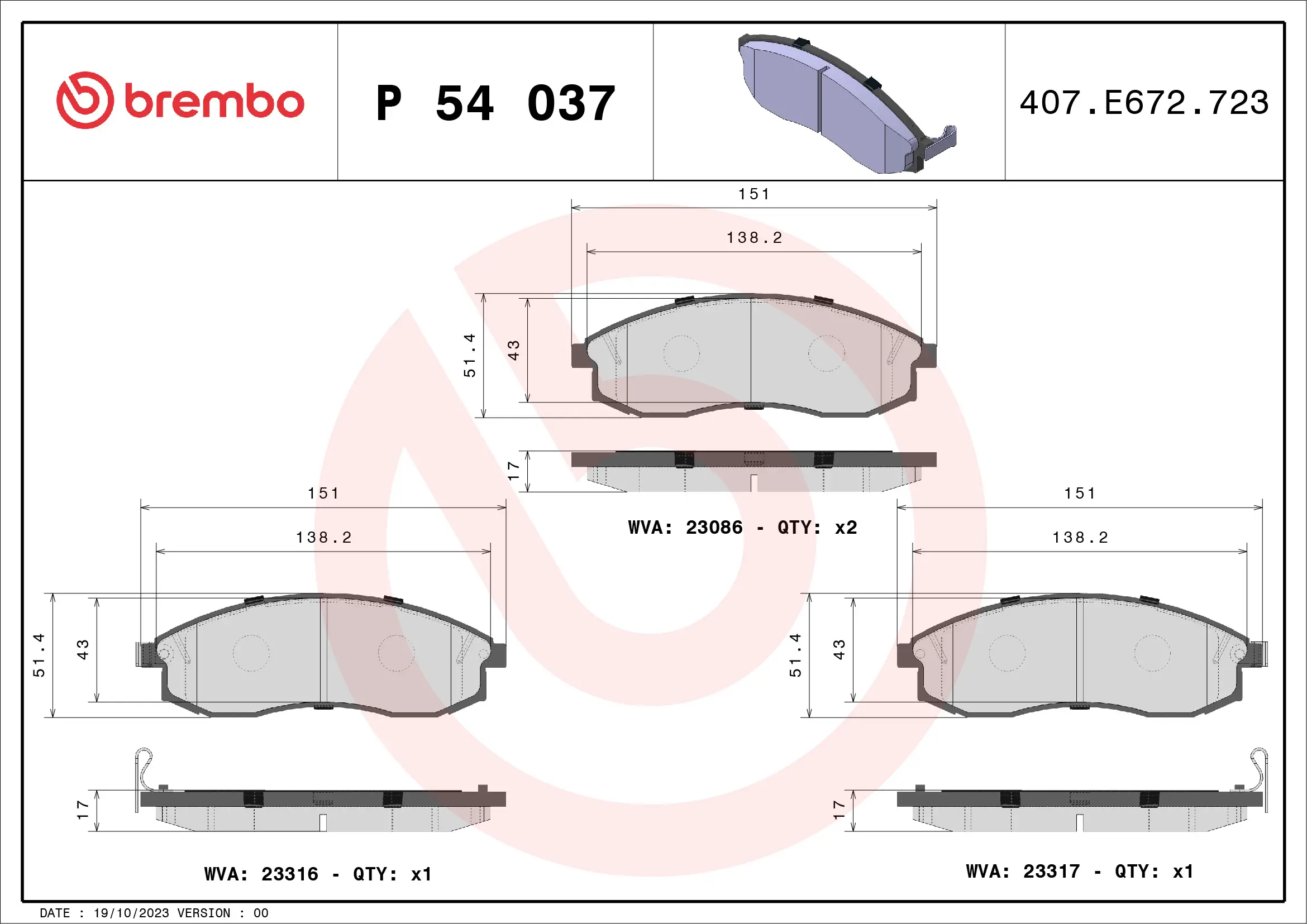 Bremsbelagsatz, Scheibenbremse Vorderachse BREMBO P 54 037