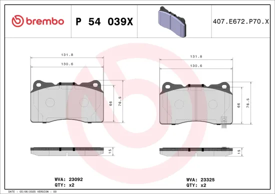 Bremsbelagsatz, Scheibenbremse Vorderachse BREMBO P 54 039X Bild Bremsbelagsatz, Scheibenbremse Vorderachse BREMBO P 54 039X