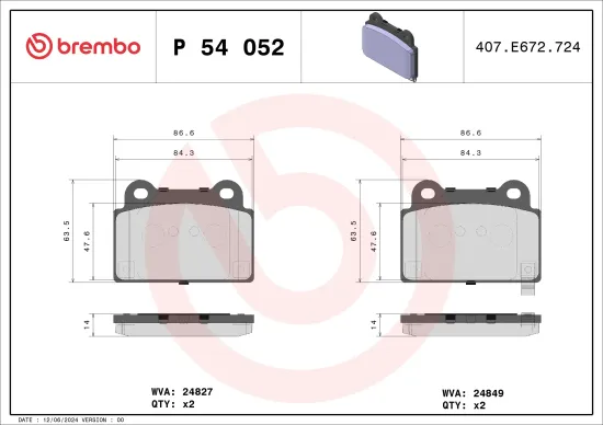 Bremsbelagsatz, Scheibenbremse Hinterachse BREMBO P 54 052 Bild Bremsbelagsatz, Scheibenbremse Hinterachse BREMBO P 54 052
