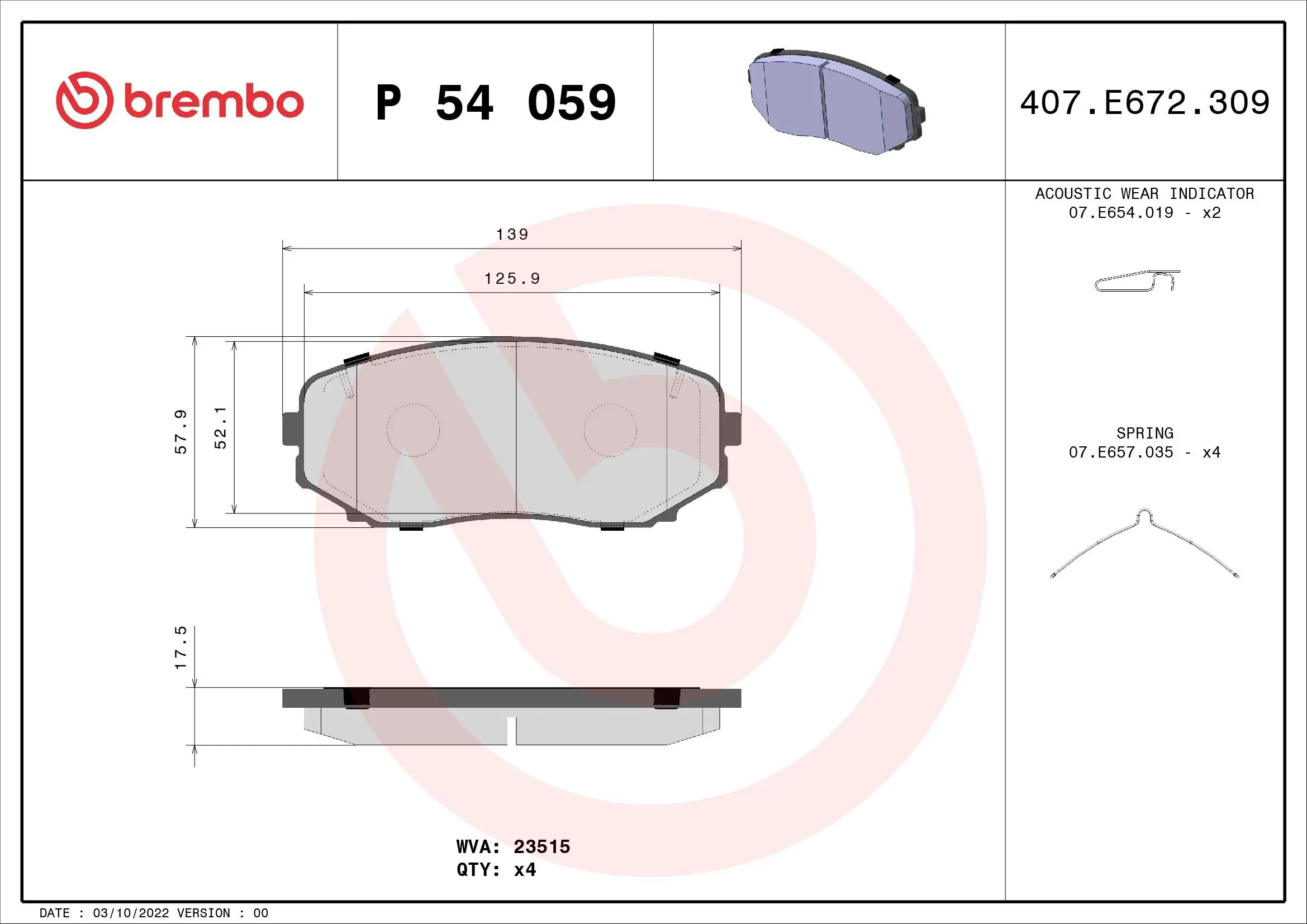 Bremsbelagsatz, Scheibenbremse Vorderachse BREMBO P 54 059