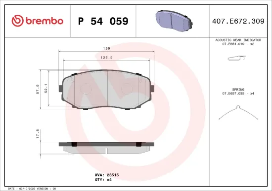 Bremsbelagsatz, Scheibenbremse Vorderachse BREMBO P 54 059 Bild Bremsbelagsatz, Scheibenbremse Vorderachse BREMBO P 54 059