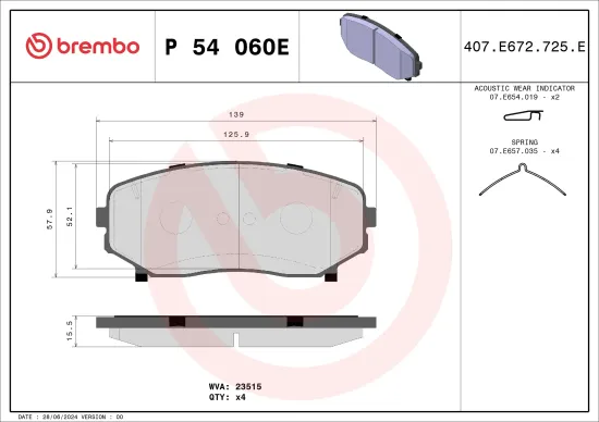 Bremsbelagsatz, Scheibenbremse Vorderachse BREMBO P 54 060E Bild Bremsbelagsatz, Scheibenbremse Vorderachse BREMBO P 54 060E