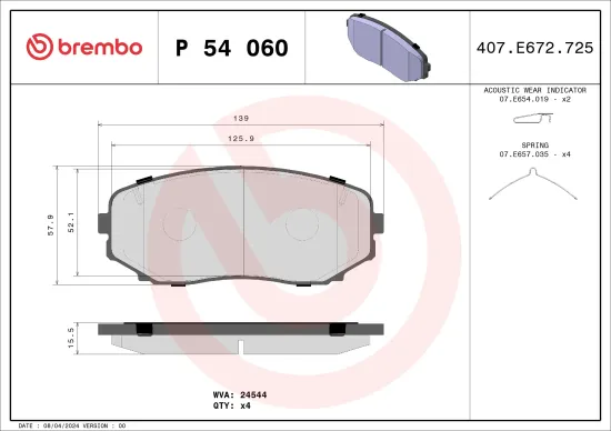 Bremsbelagsatz, Scheibenbremse Vorderachse BREMBO P 54 060 Bild Bremsbelagsatz, Scheibenbremse Vorderachse BREMBO P 54 060