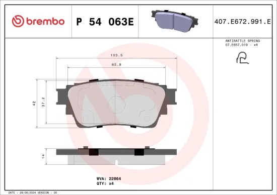 Bremsbelagsatz, Scheibenbremse Hinterachse BREMBO P 54 063E Bild Bremsbelagsatz, Scheibenbremse Hinterachse BREMBO P 54 063E