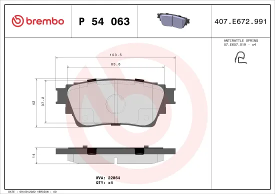 Bremsbelagsatz, Scheibenbremse Hinterachse BREMBO P 54 063 Bild Bremsbelagsatz, Scheibenbremse Hinterachse BREMBO P 54 063