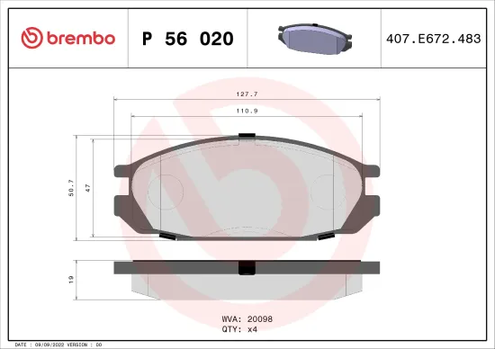 Bremsbelagsatz, Scheibenbremse Hinterachse BREMBO P 56 020 Bild Bremsbelagsatz, Scheibenbremse Hinterachse BREMBO P 56 020