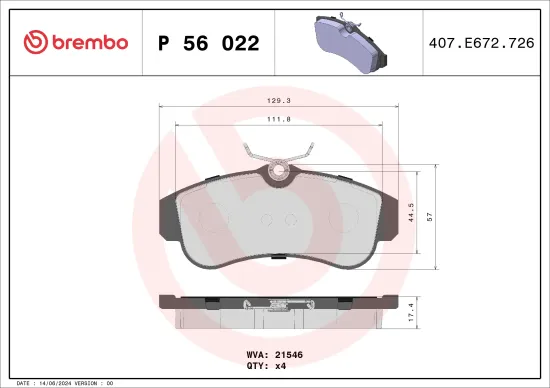 Bremsbelagsatz, Scheibenbremse Vorderachse BREMBO P 56 022 Bild Bremsbelagsatz, Scheibenbremse Vorderachse BREMBO P 56 022