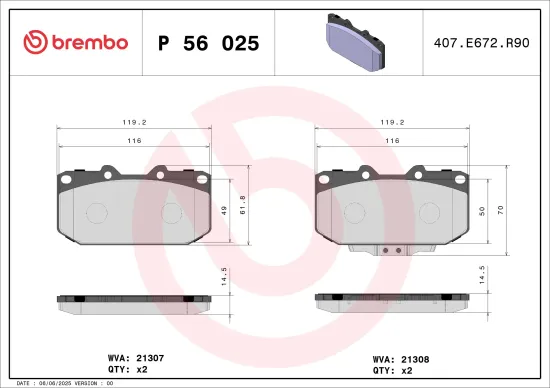 Bremsbelagsatz, Scheibenbremse Vorderachse BREMBO P 56 025 Bild Bremsbelagsatz, Scheibenbremse Vorderachse BREMBO P 56 025