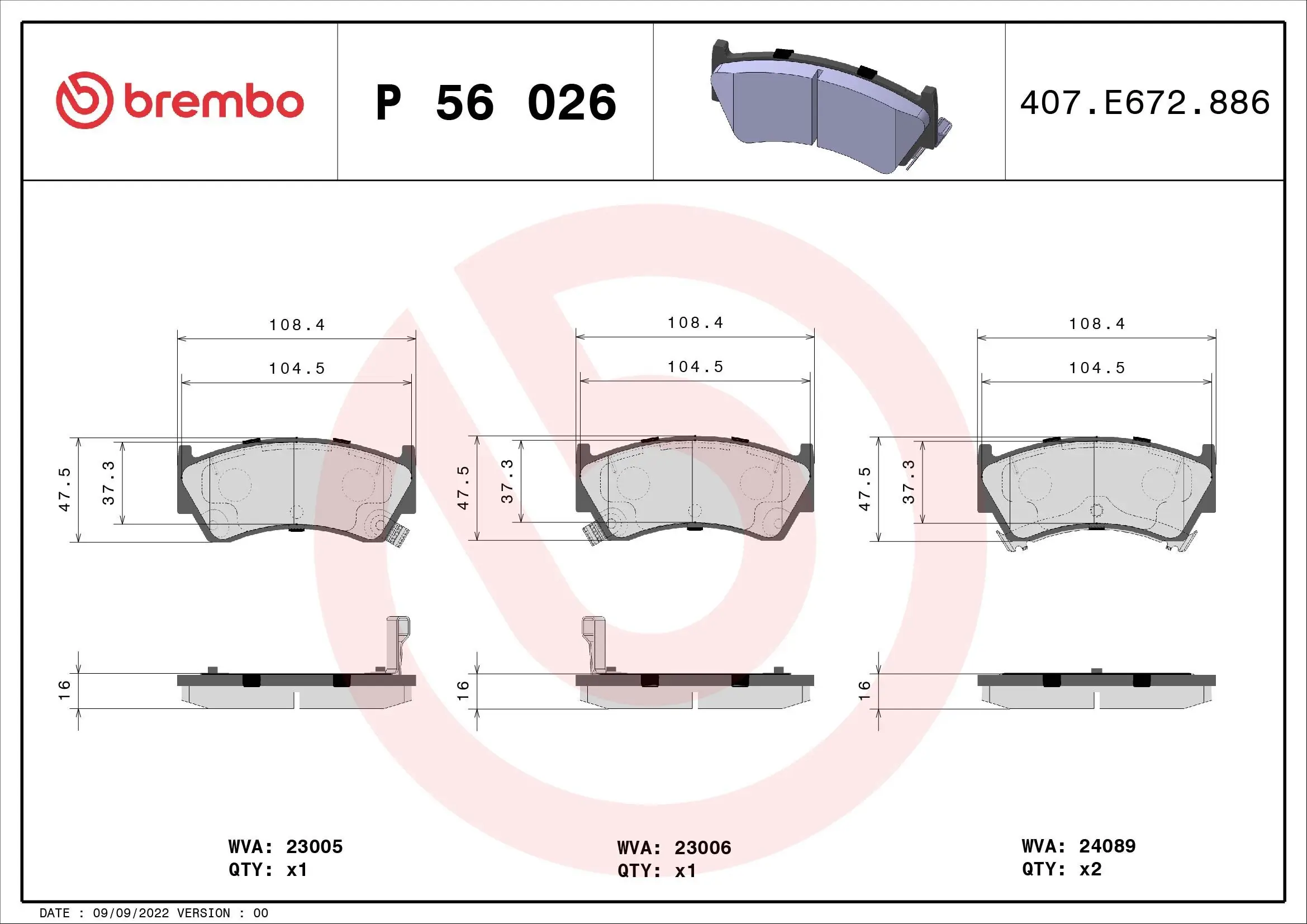 Bremsbelagsatz, Scheibenbremse Vorderachse BREMBO P 56 026