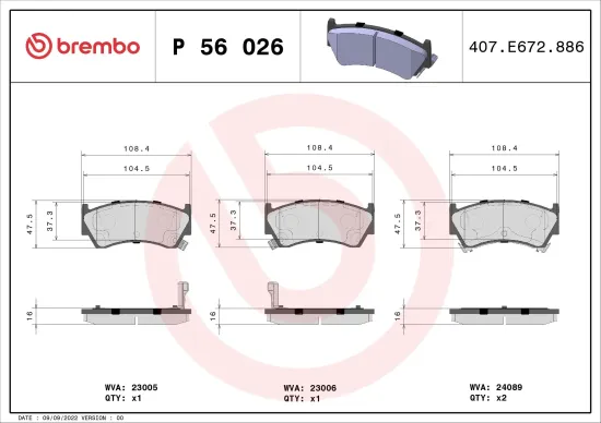 Bremsbelagsatz, Scheibenbremse Vorderachse BREMBO P 56 026 Bild Bremsbelagsatz, Scheibenbremse Vorderachse BREMBO P 56 026