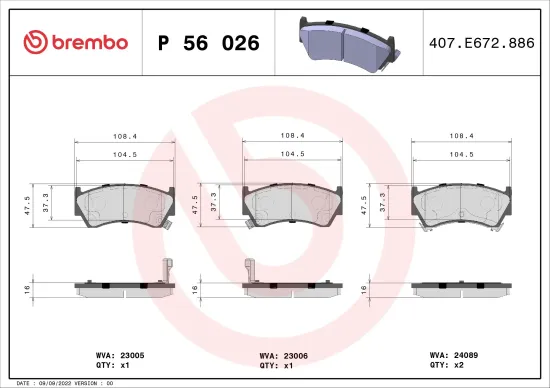 Bremsbelagsatz, Scheibenbremse Vorderachse BREMBO P 56 026 Bild Bremsbelagsatz, Scheibenbremse Vorderachse BREMBO P 56 026