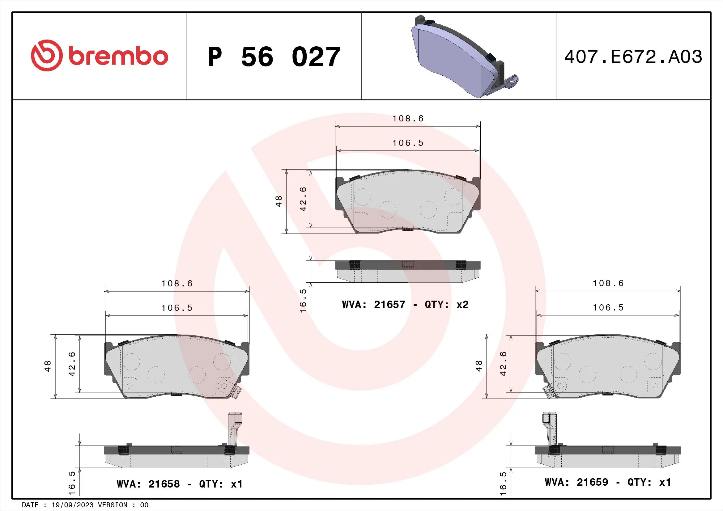 Bremsbelagsatz, Scheibenbremse Vorderachse BREMBO P 56 027