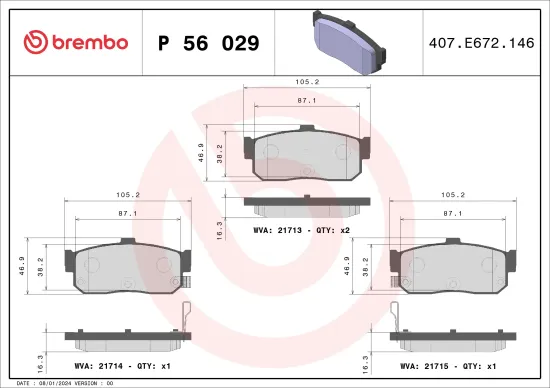 Bremsbelagsatz, Scheibenbremse Hinterachse BREMBO P 56 029 Bild Bremsbelagsatz, Scheibenbremse Hinterachse BREMBO P 56 029